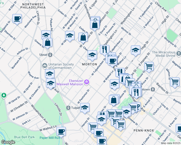 map of restaurants, bars, coffee shops, grocery stores, and more near 121 West Tulpehocken Street in Philadelphia