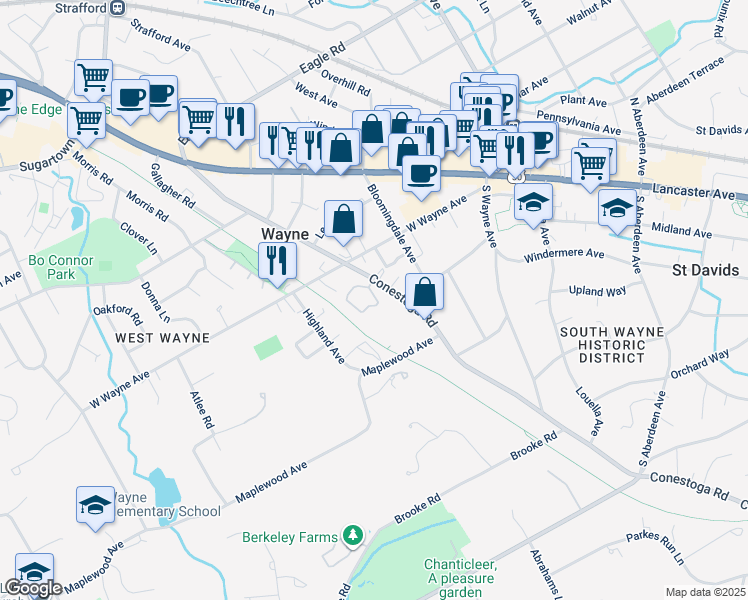map of restaurants, bars, coffee shops, grocery stores, and more near 33 Greythorne Woods Circle in Wayne