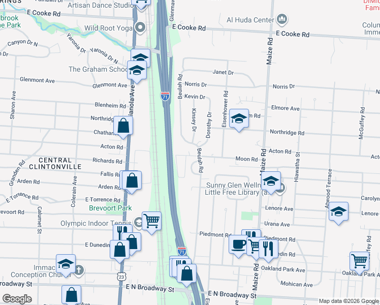 map of restaurants, bars, coffee shops, grocery stores, and more near 3655 Beulah Circle in Columbus