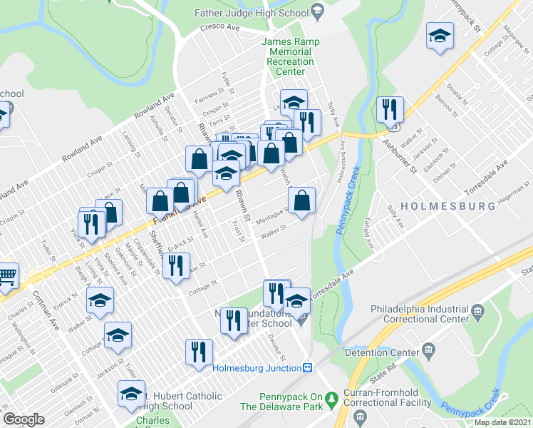 map of restaurants, bars, coffee shops, grocery stores, and more near 8026 Montague Street in Philadelphia