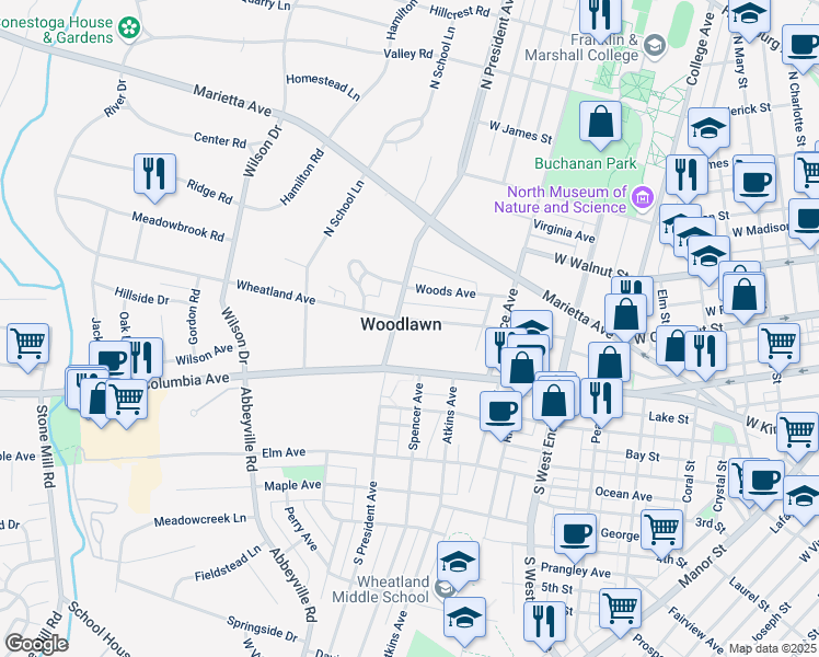 map of restaurants, bars, coffee shops, grocery stores, and more near 1070 Wheatland Avenue in Lancaster