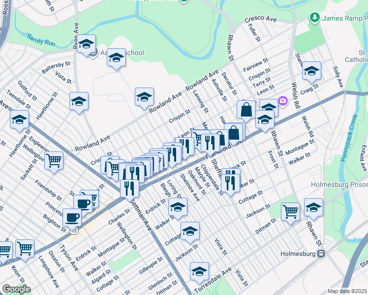 map of restaurants, bars, coffee shops, grocery stores, and more near 3529 Oakmont Street in Philadelphia