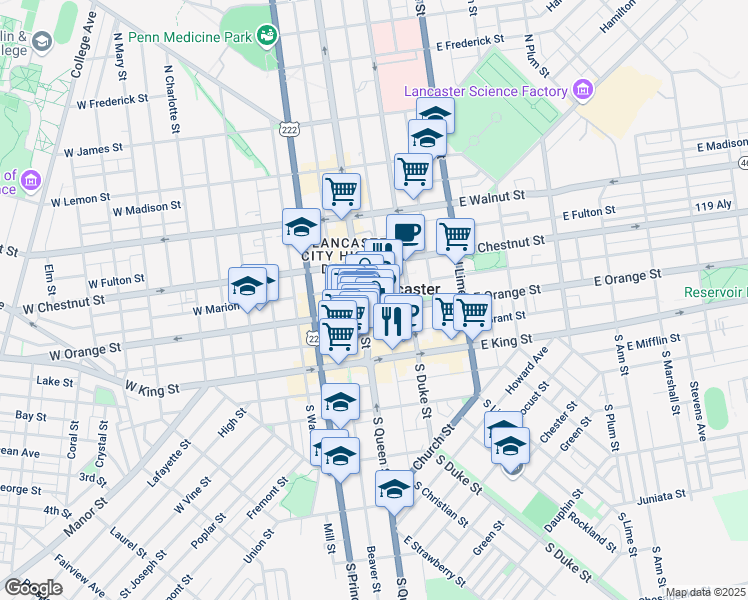 map of restaurants, bars, coffee shops, grocery stores, and more near 28 East Orange Street in Lancaster
