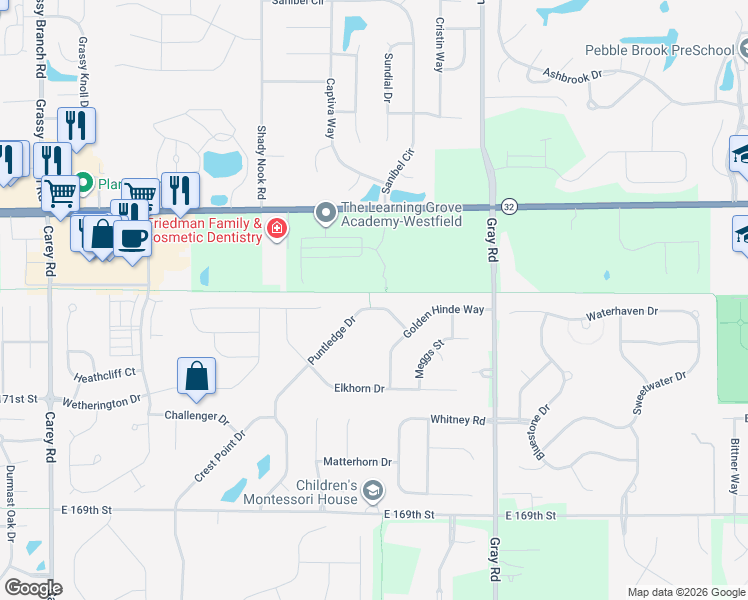 map of restaurants, bars, coffee shops, grocery stores, and more near 17312 Puntledge Drive in Noblesville