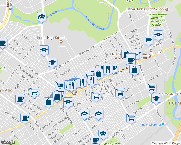 map of restaurants, bars, coffee shops, grocery stores, and more near 3512 Oakmont Street in Philadelphia