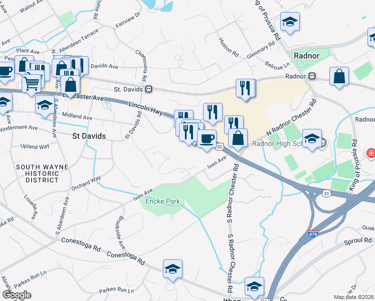 map of restaurants, bars, coffee shops, grocery stores, and more near in Wayne