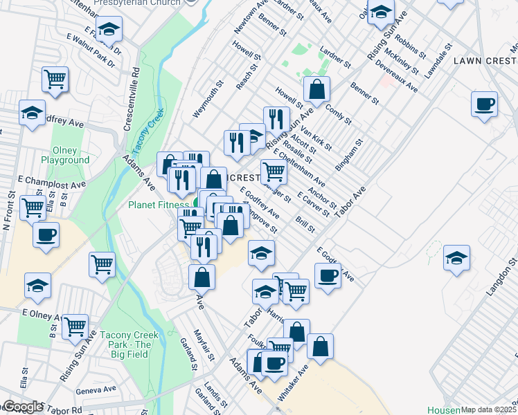 map of restaurants, bars, coffee shops, grocery stores, and more near 544 East Godfrey Avenue in Philadelphia
