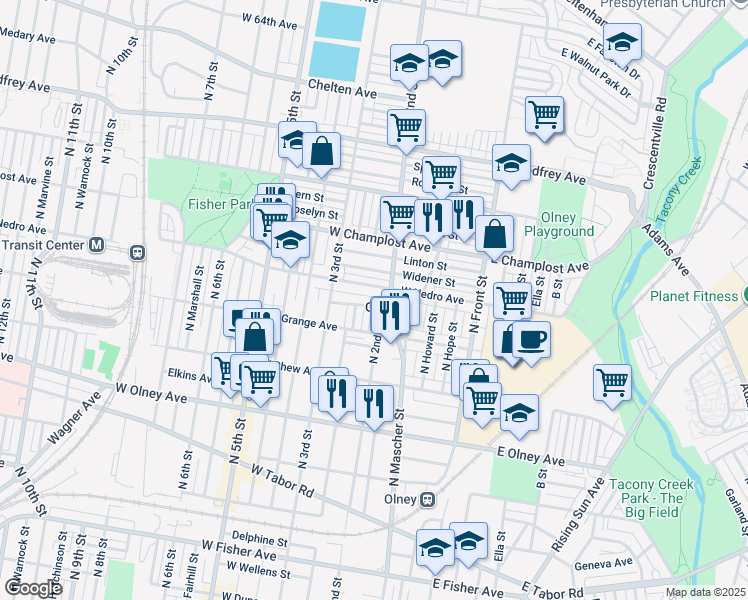 map of restaurants, bars, coffee shops, grocery stores, and more near 221 West Calvert Street in Philadelphia
