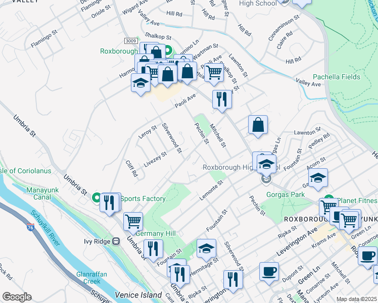 map of restaurants, bars, coffee shops, grocery stores, and more near 300 Parker Avenue in Philadelphia