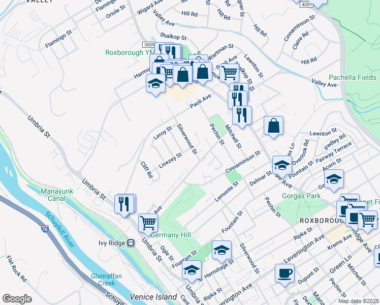 map of restaurants, bars, coffee shops, grocery stores, and more near 395 Livezey Street in Philadelphia
