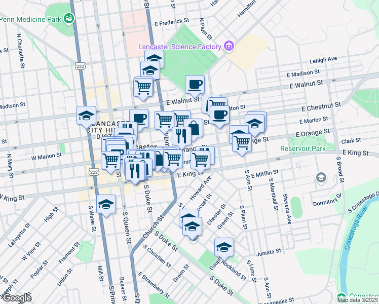 map of restaurants, bars, coffee shops, grocery stores, and more near 242 East Orange Street in Lancaster