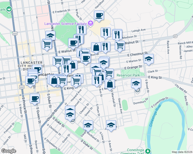 map of restaurants, bars, coffee shops, grocery stores, and more near 30 North Ann Street in Lancaster