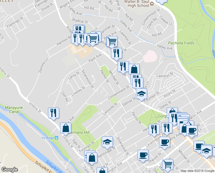 map of restaurants, bars, coffee shops, grocery stores, and more near 6738 Pechin Street in Philadelphia