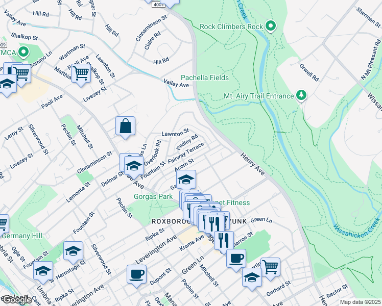 map of restaurants, bars, coffee shops, grocery stores, and more near 575 Fairway Terrace in Philadelphia