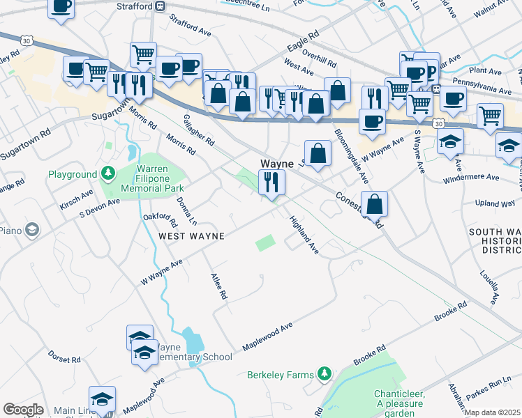 map of restaurants, bars, coffee shops, grocery stores, and more near 415 West Wayne Avenue in Wayne