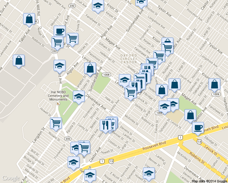 map of restaurants, bars, coffee shops, grocery stores, and more near 1242 Robbins Street in Philadelphia