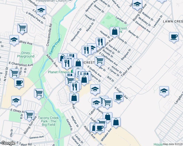 map of restaurants, bars, coffee shops, grocery stores, and more near 563 Allengrove Street in Philadelphia
