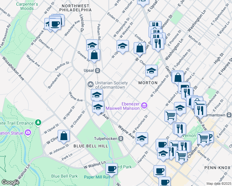 map of restaurants, bars, coffee shops, grocery stores, and more near 313 West Duval Street in Philadelphia