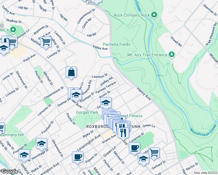 map of restaurants, bars, coffee shops, grocery stores, and more near 575 Fairway Terrace in Philadelphia