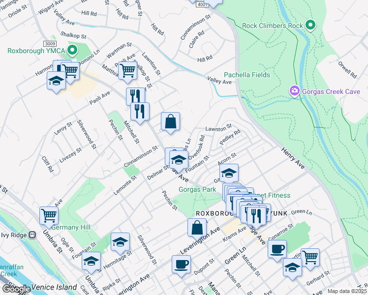 map of restaurants, bars, coffee shops, grocery stores, and more near 522 Overlook Road in Philadelphia