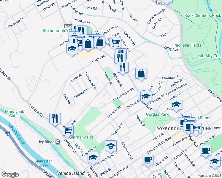 map of restaurants, bars, coffee shops, grocery stores, and more near 6738 Pechin Street in Philadelphia