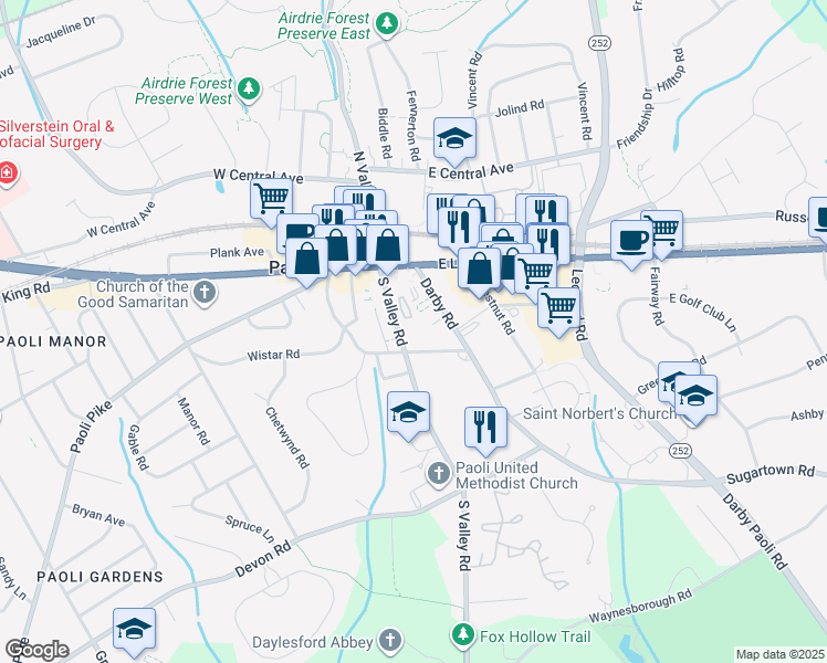 map of restaurants, bars, coffee shops, grocery stores, and more near 77 South Valley Road in Paoli