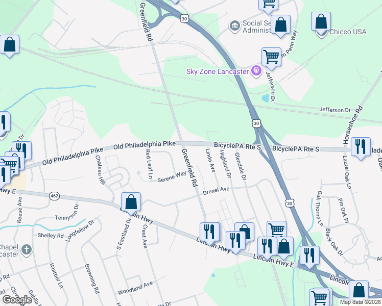 map of restaurants, bars, coffee shops, grocery stores, and more near 81 Greenfield Road in Lancaster