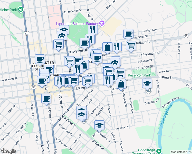 map of restaurants, bars, coffee shops, grocery stores, and more near 22 North Plum Street in Lancaster