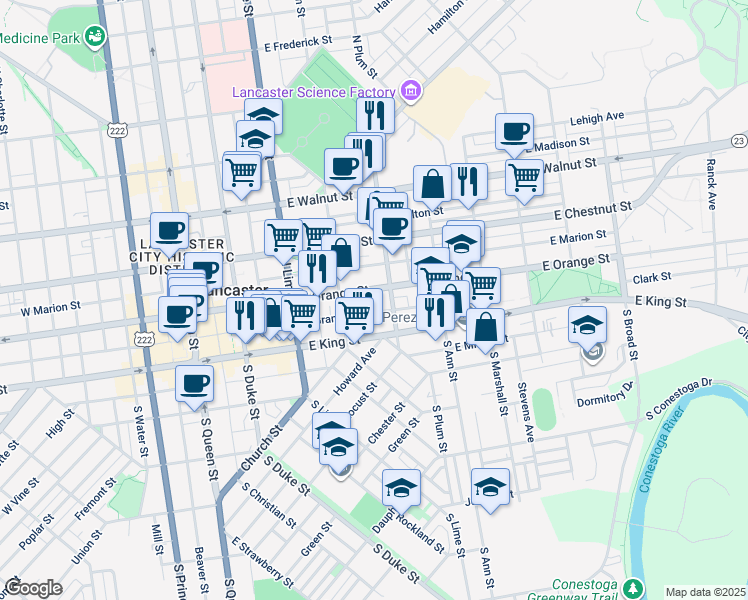 map of restaurants, bars, coffee shops, grocery stores, and more near 22 North Plum Street in Lancaster