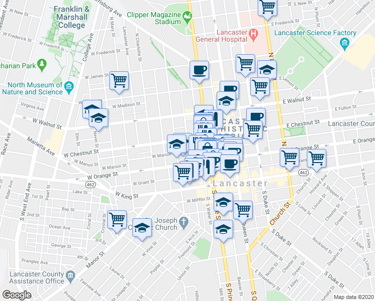 map of restaurants, bars, coffee shops, grocery stores, and more near in Lancaster