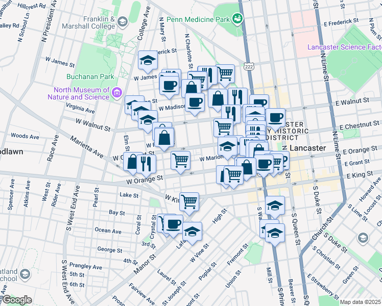 map of restaurants, bars, coffee shops, grocery stores, and more near 423 West Marion Street in Lancaster
