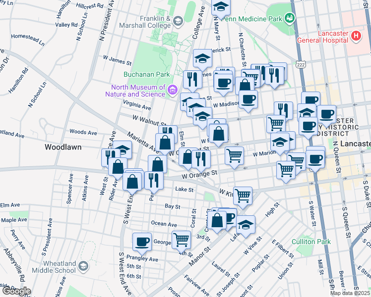 map of restaurants, bars, coffee shops, grocery stores, and more near 624 West Chestnut Street in Lancaster