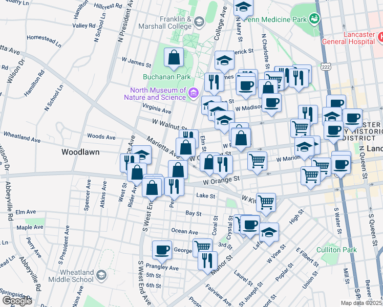 map of restaurants, bars, coffee shops, grocery stores, and more near 662 West Chestnut Street in Lancaster