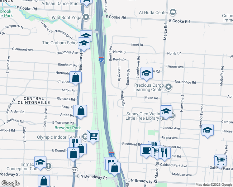 map of restaurants, bars, coffee shops, grocery stores, and more near 3655 Beulah Circle in Columbus
