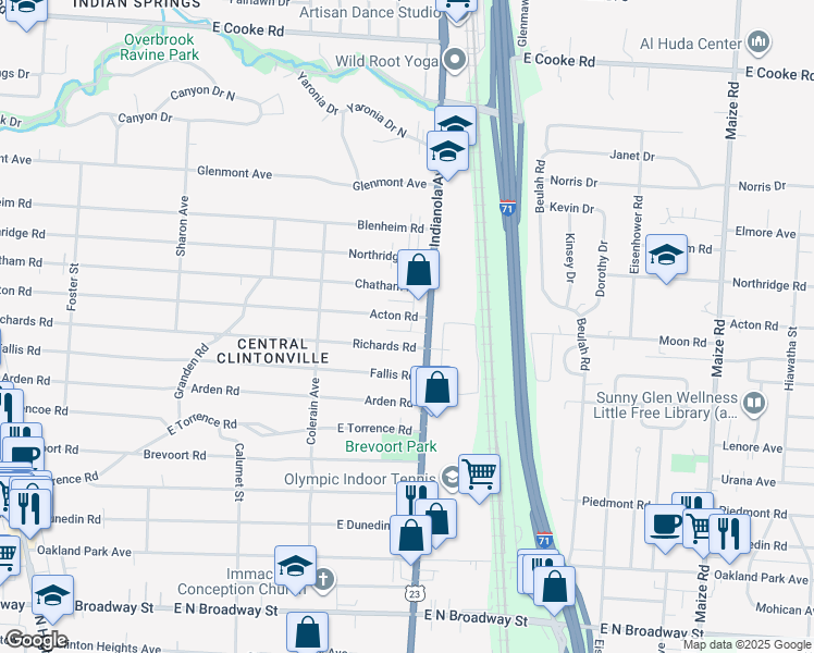 map of restaurants, bars, coffee shops, grocery stores, and more near 610 Richards Road in Columbus