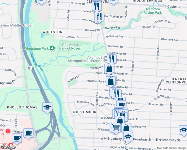 map of restaurants, bars, coffee shops, grocery stores, and more near 100 Webster Park Avenue in Columbus