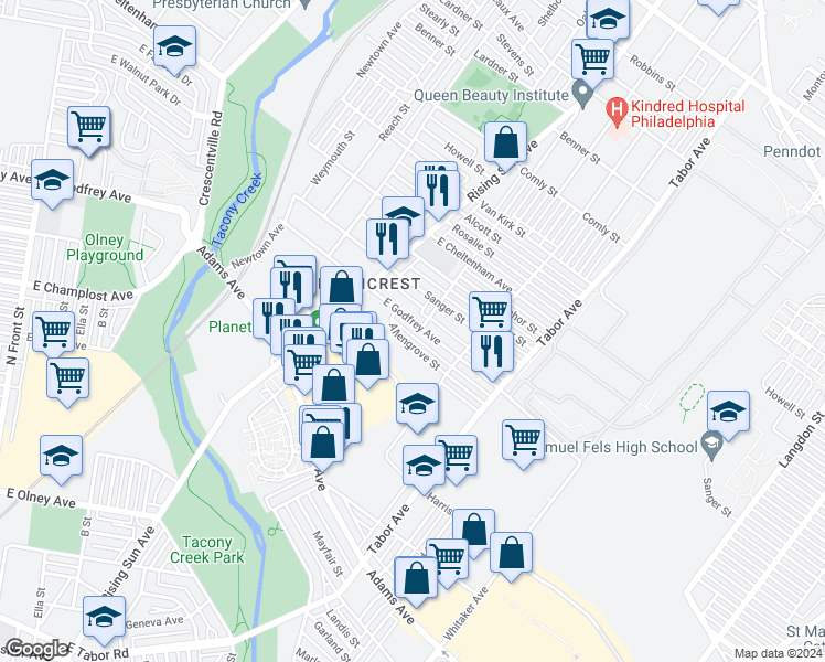 map of restaurants, bars, coffee shops, grocery stores, and more near 542 East Godfrey Avenue in Philadelphia