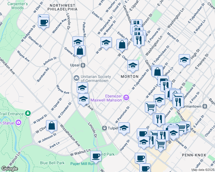 map of restaurants, bars, coffee shops, grocery stores, and more near 6344 Greene Street in Philadelphia