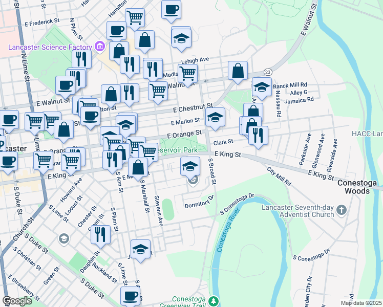 map of restaurants, bars, coffee shops, grocery stores, and more near East King Street in Lancaster