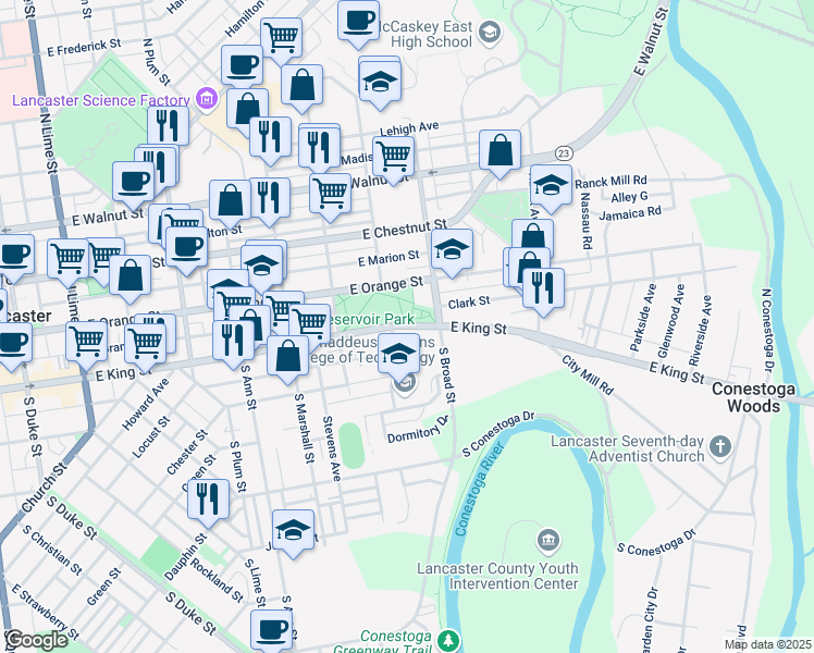 map of restaurants, bars, coffee shops, grocery stores, and more near East King Street in Lancaster