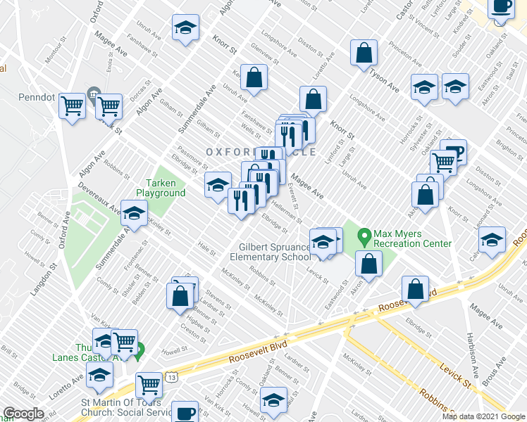 map of restaurants, bars, coffee shops, grocery stores, and more near 6429 Castor Ave in Philadelphia