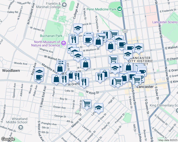 map of restaurants, bars, coffee shops, grocery stores, and more near 512 West Chestnut Street in Lancaster