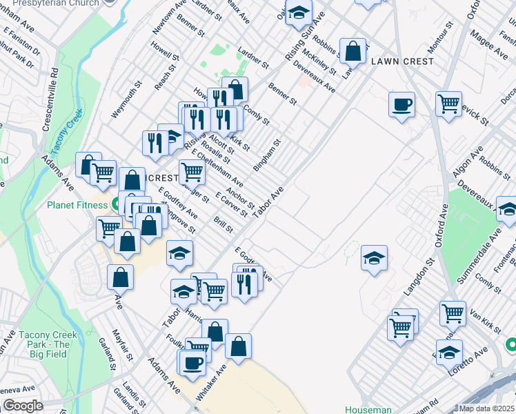 map of restaurants, bars, coffee shops, grocery stores, and more near 647 Anchor Street in Philadelphia