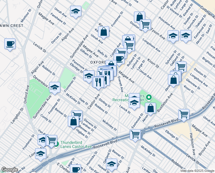 map of restaurants, bars, coffee shops, grocery stores, and more near 6429 Castor Avenue in Philadelphia