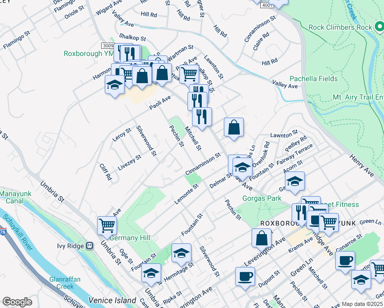 map of restaurants, bars, coffee shops, grocery stores, and more near 6713 Pechin Street in Philadelphia