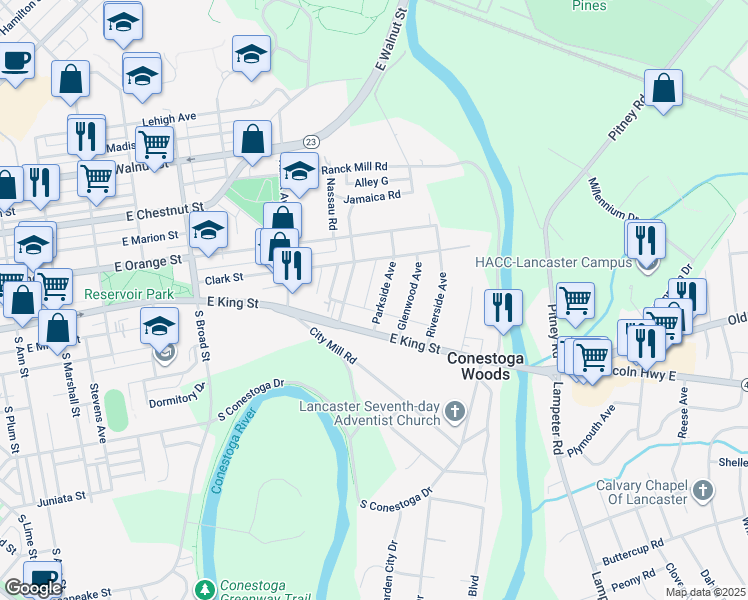 map of restaurants, bars, coffee shops, grocery stores, and more near 22 Parkside Avenue in Lancaster