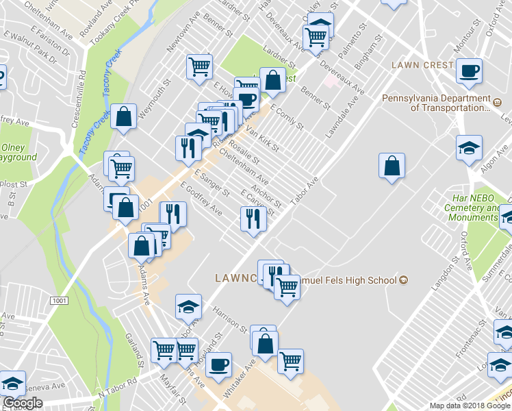 map of restaurants, bars, coffee shops, grocery stores, and more near 604 E Carver St in Philadelphia