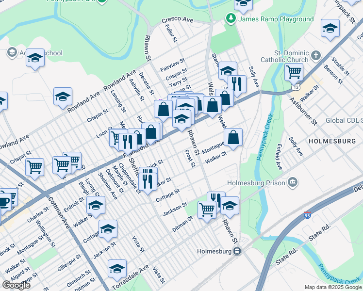 map of restaurants, bars, coffee shops, grocery stores, and more near 7919 Charles Street in Philadelphia