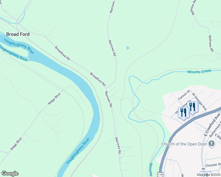 map of restaurants, bars, coffee shops, grocery stores, and more near 108 Hess Lane in Connellsville
