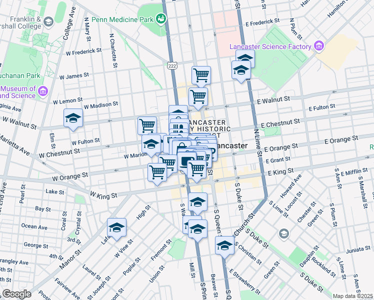 map of restaurants, bars, coffee shops, grocery stores, and more near 123 North Prince Street in Lancaster